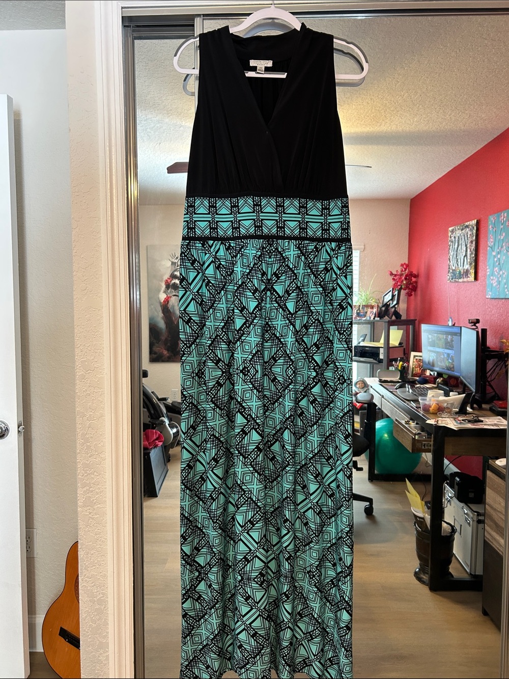 London Style Black & Teal Geometric Maxi Dress